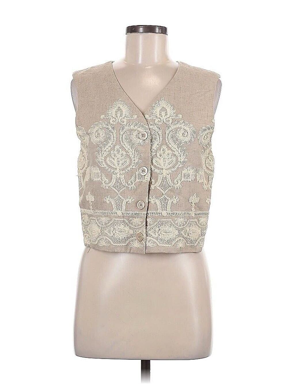VTG Extress Linen Embroidered Crochet Tan Cream V Neck Vest M